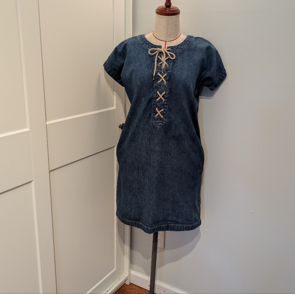 Polo Ralph Lauren Size 0 Denim Shift Dress Rope Tie Classic Casual Pockets - Picture 1 of 6